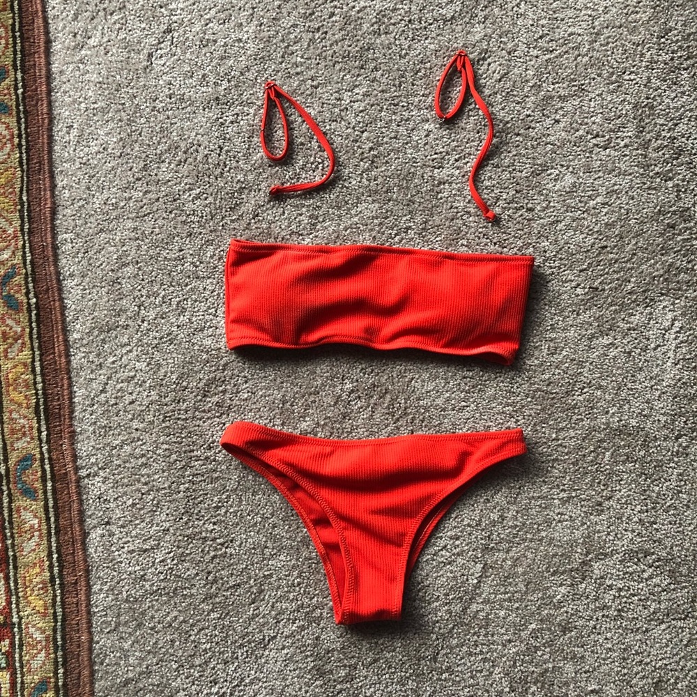 Red bandeau bikini with removable straps